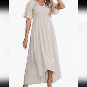 Zattcas Smocked Woman's  Pull-over V-neck Short Sleeve High Low Flowy Dress Sz M